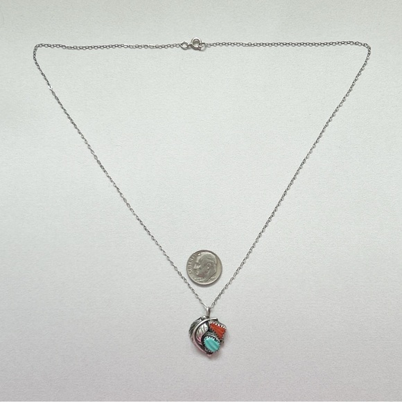 Vintage Southwestern Turquoise Coral Sterling Silver Necklace - Picture 8 of 10
